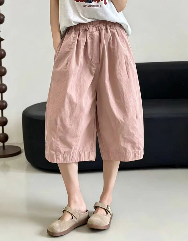 Women’s Pink Cotton Wide Leg Capri Pants Casual