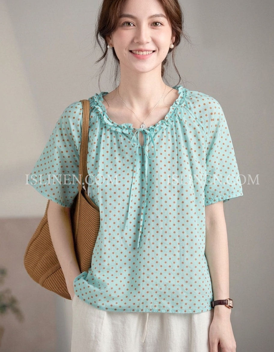 Comfortable Elegant Polka Dot Tie Neck Linen Summer Blouse