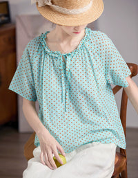 Comfortable Elegant Polka Dot Tie Neck Linen Summer Blouse