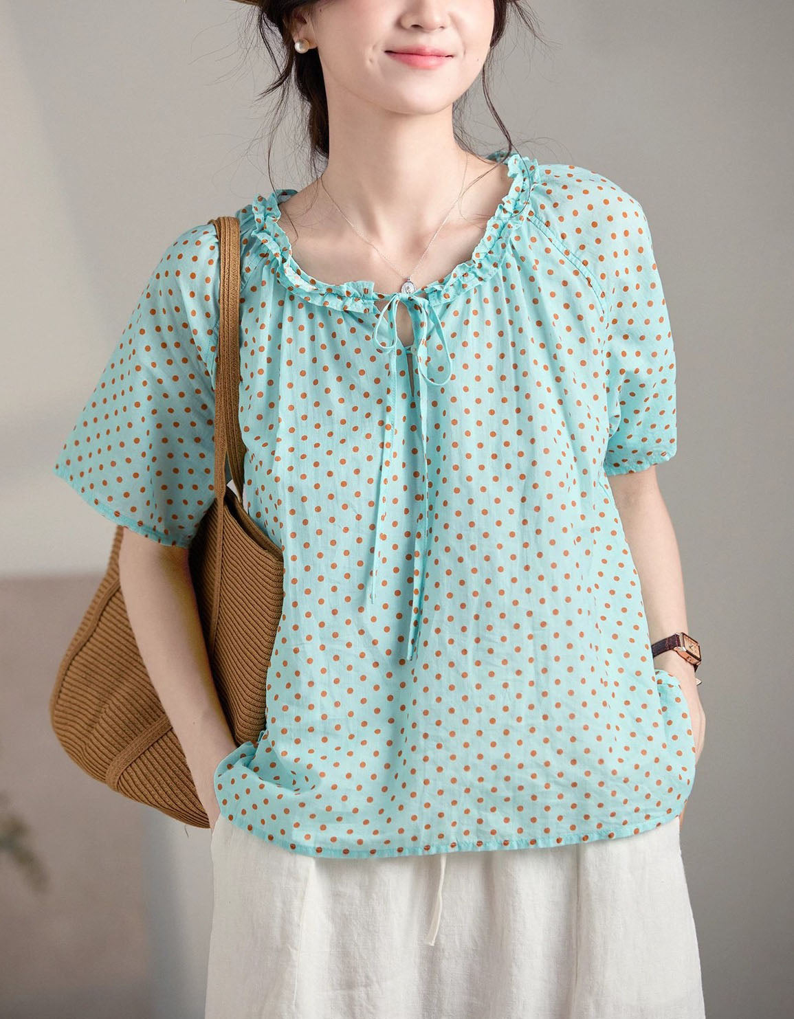 Comfortable Elegant Polka Dot Tie Neck Linen Summer Blouse