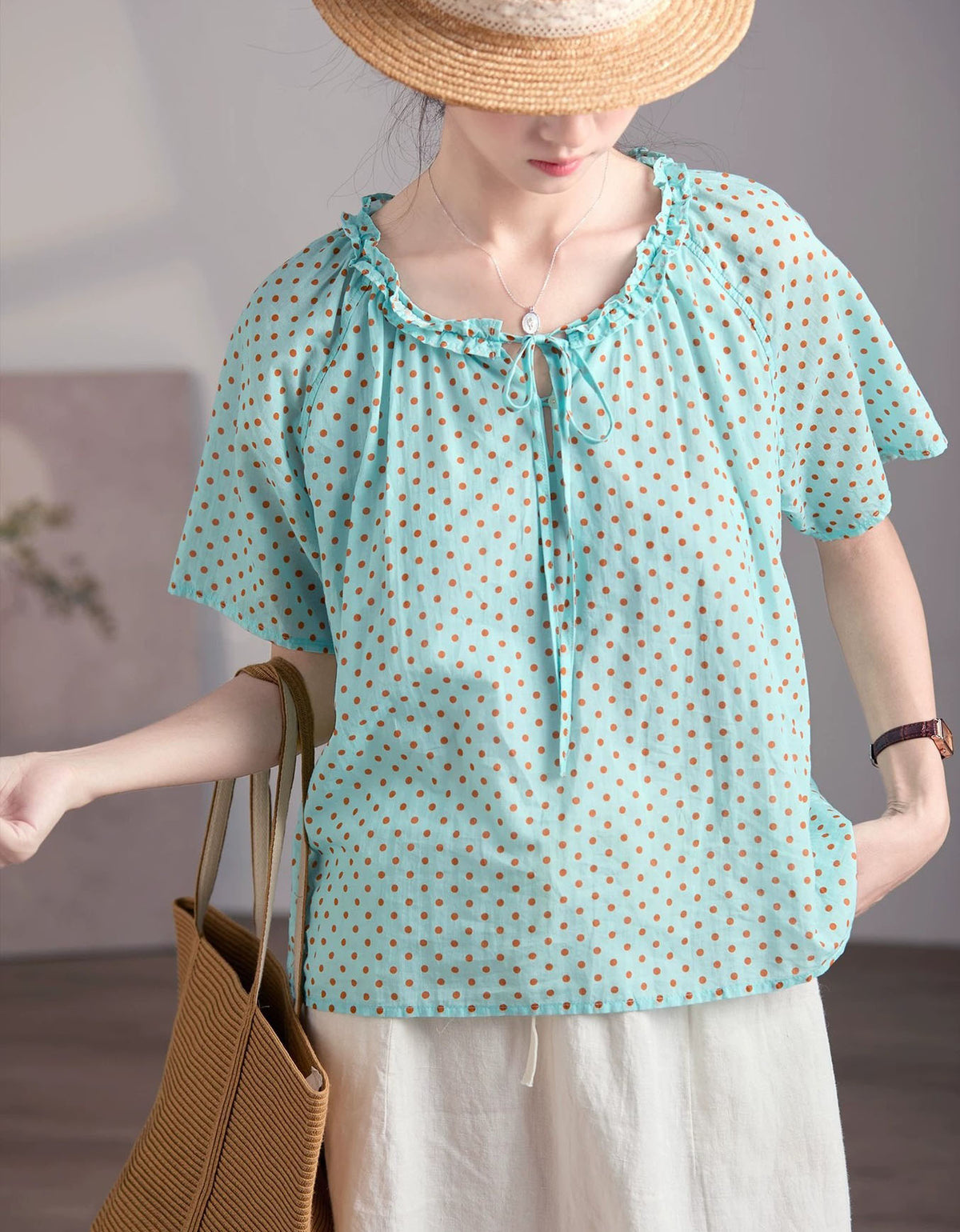 Comfortable Elegant Polka Dot Tie Neck Linen Summer Blouse