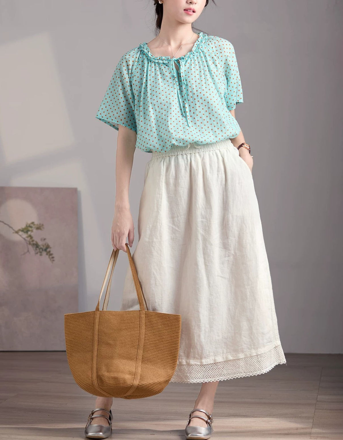Comfortable Elegant Polka Dot Tie Neck Linen Summer Blouse