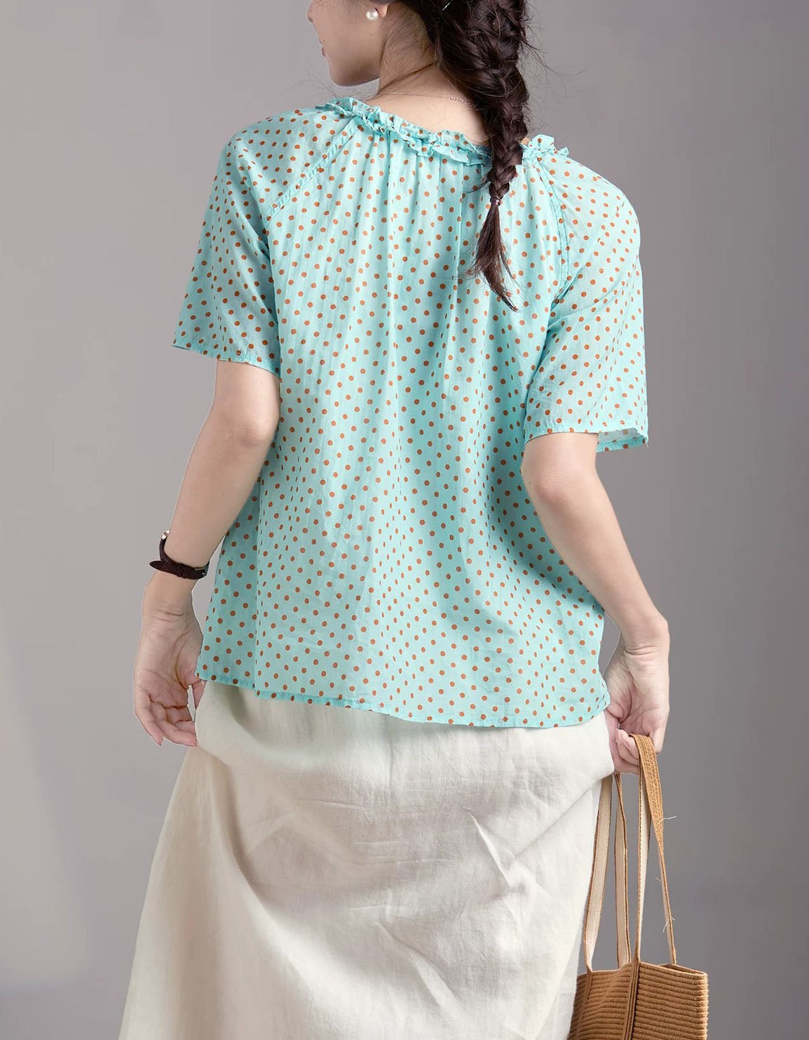 Comfortable Elegant Polka Dot Tie Neck Linen Summer Blouse