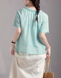 Comfortable Elegant Polka Dot Tie Neck Linen Summer Blouse