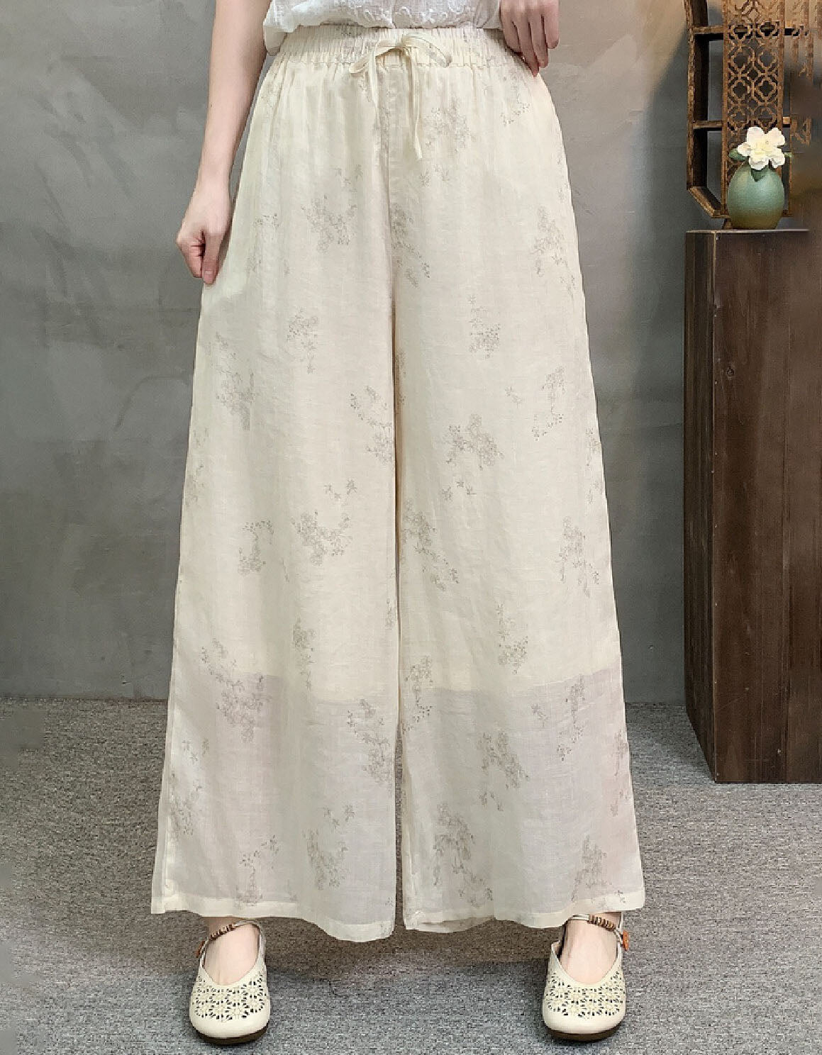Vintage Floral Linen Wide Leg Pants Women Loose