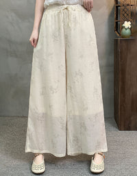 Vintage Floral Linen Wide Leg Pants Women Loose