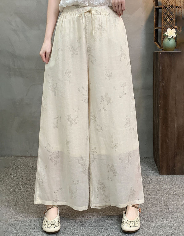 Vintage Floral Linen Wide Leg Pants Women Loose