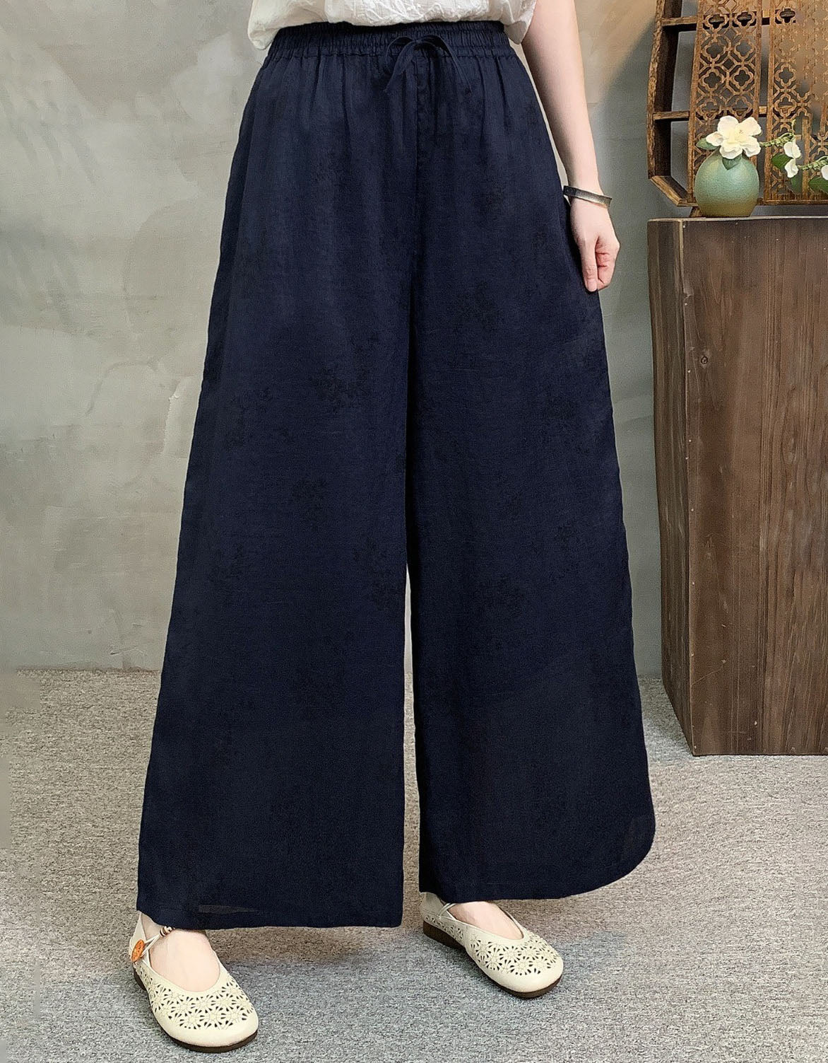 Navy Women Elastic Waist Linen Pants Wide Leg Green