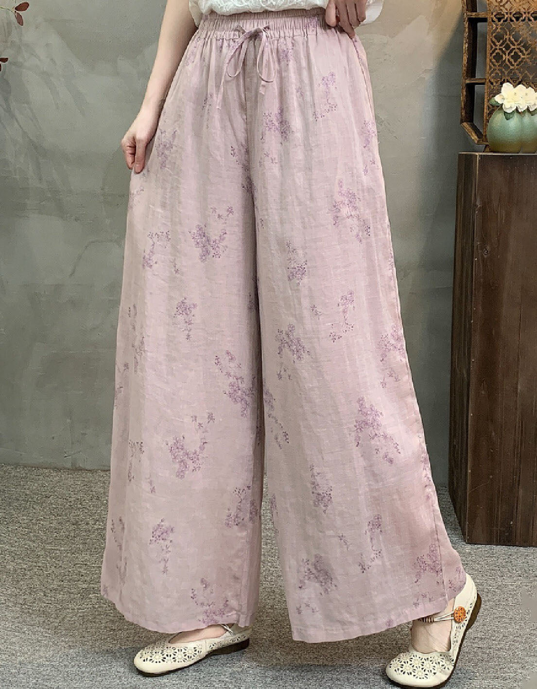 Light Purple Women Elastic Waist Linen Pants Wide Leg Green