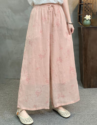 Pink Women Elastic Waist Linen Pants Wide Leg Green