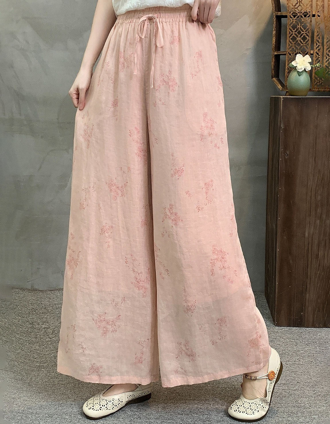 Pink Casual Loose Linen Wide Leg Pants Women Floral