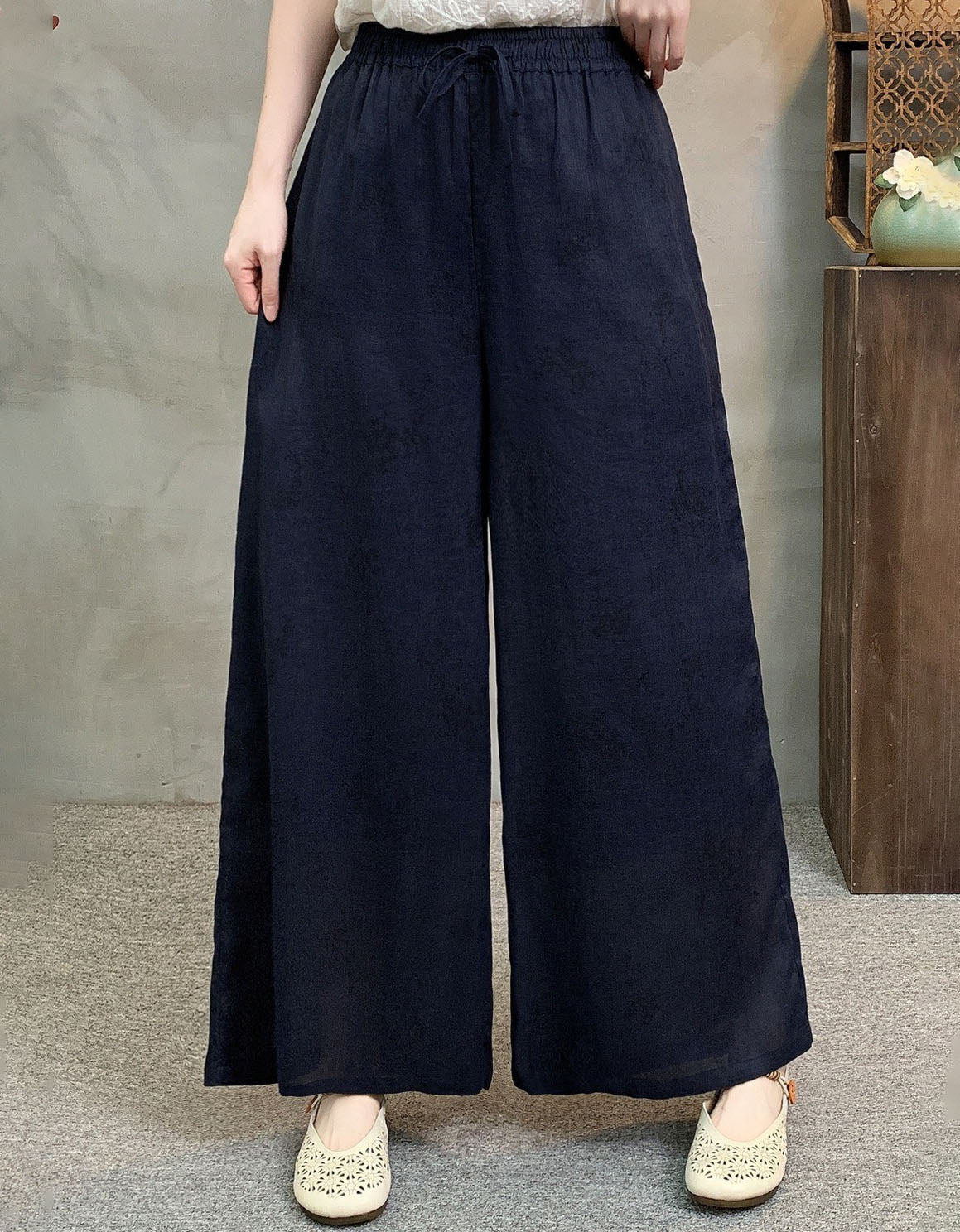 Navy Women Boho Linen Wide Leg Pants Elastic Waist