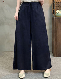 Navy Women Boho Linen Wide Leg Pants Elastic Waist