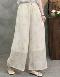 Cream Casual Loose Linen Wide Leg Pants Women Floral