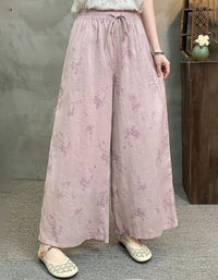 Light Purple Casual Loose Linen Wide Leg Pants Women Floral