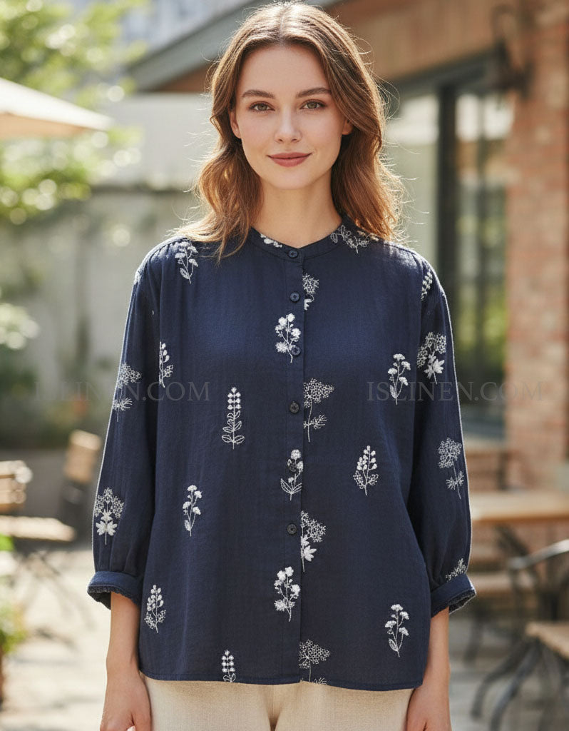 Navy linen embroidered shirt women casual style