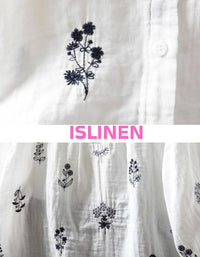 White fabric with black floral embroidery and 'ISLINEN' branding.