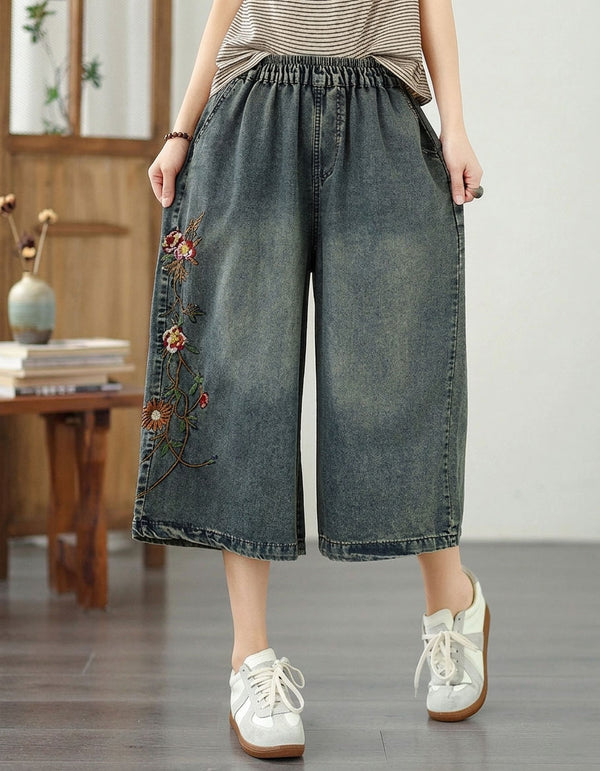 Floral Embroidered Denim Culottes with Elastic Waistband