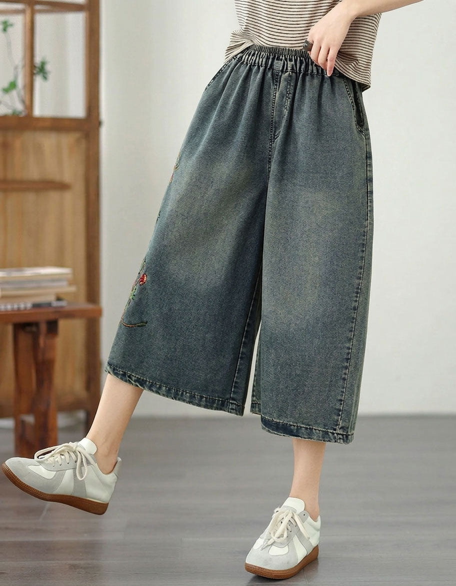 Relaxed Fit Embroidered Denim Pants with Floral Design