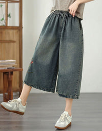 Relaxed Fit Embroidered Denim Pants with Floral Design