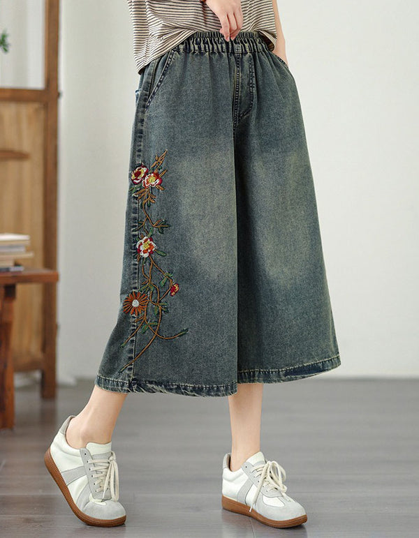 Chic Denim Culottes with Colorful Flower Embroidery