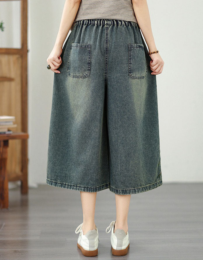 Stylish Wide-Leg Denim Culottes with Embroidered Flowers