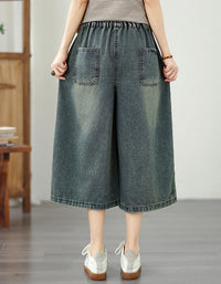 Stylish Wide-Leg Denim Culottes with Embroidered Flowers