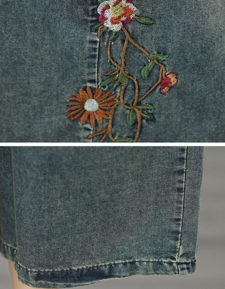 Boho Floral Embroidered Denim Culottes for Casual Look