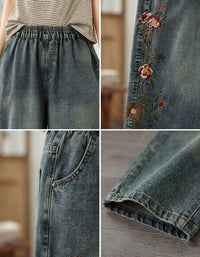 Embroidered Wide-Leg Denim Pants with Spring Floral Detail