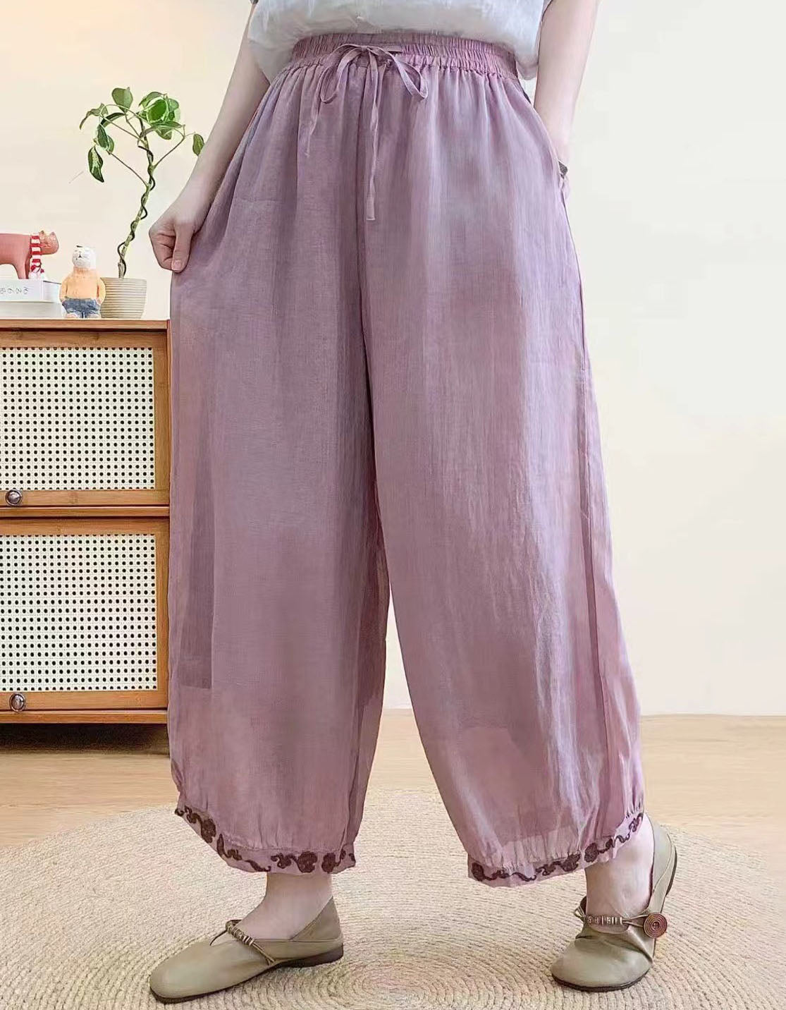 Casual Elastic Waist Linen Pants for Women – Comfortable Boho Trousers