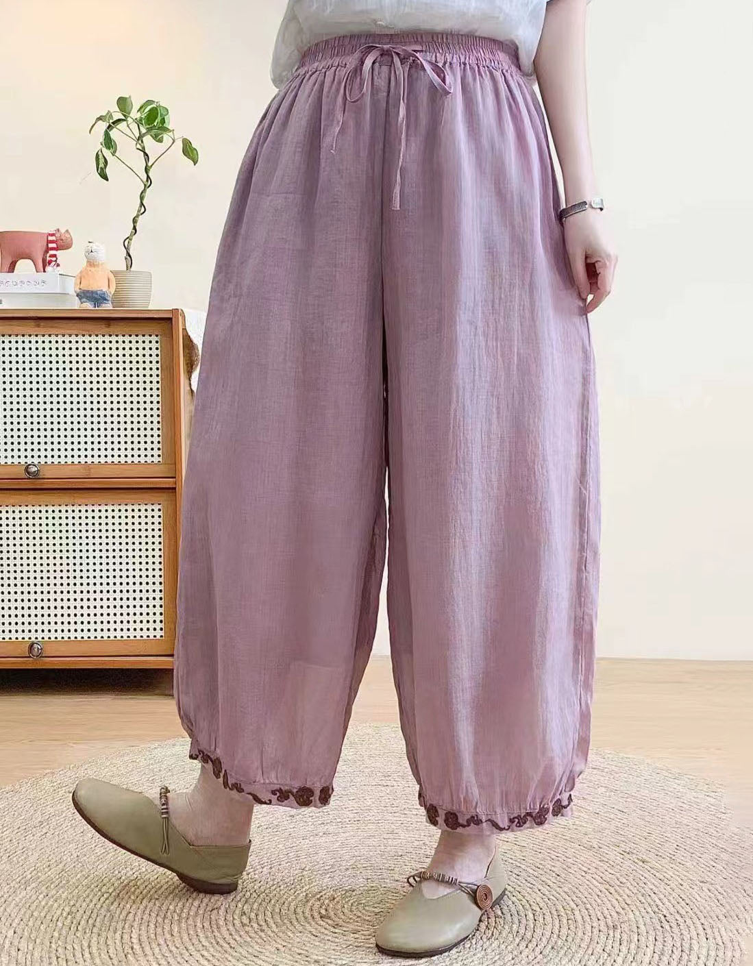 Women’s Vintage Linen Harem Pants – Loose Fit Elastic Waist Trousers