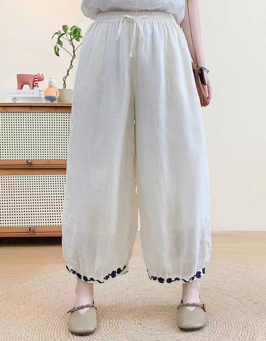 Casual boho cotton linen pants in dusty purple with drawstring waist
