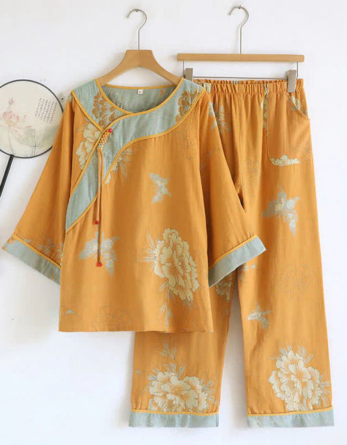 Women’s floral embroidered two-piece set, casual outfit with top and pants in mustard yellow with elegant floral design