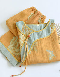 Women’s casual floral embroidered two-piece outfit in mustard yellow, perfect for relaxed days or light outings