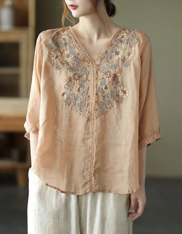 Comfortable Floral Embroidered V-Neck Linen Blouse - Islinen