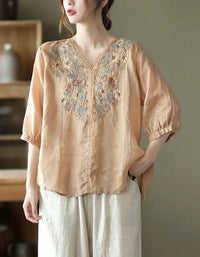 Comfortable Floral Embroidered V-Neck Linen Blouse - Islinen
