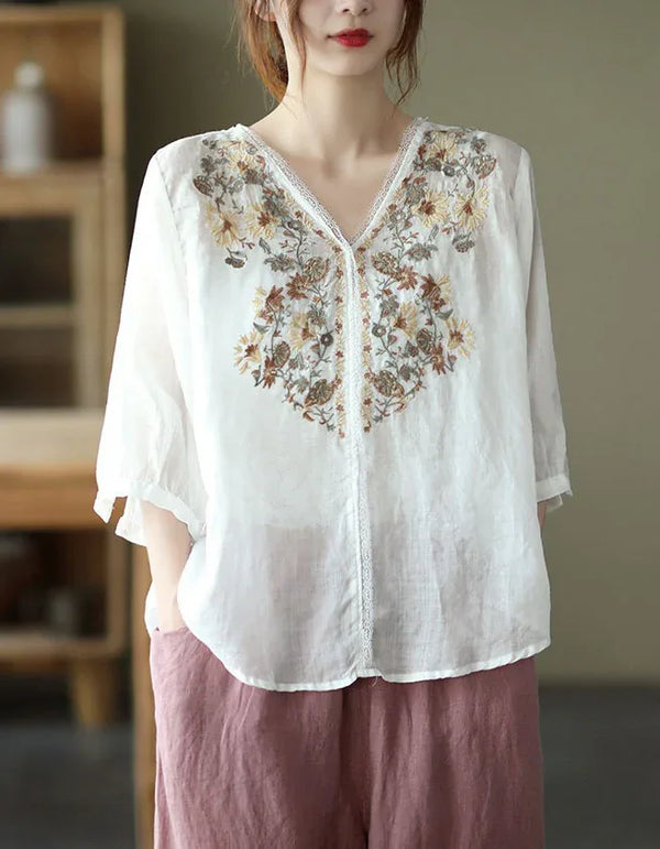 Comfortable Floral Embroidered V-Neck Linen Blouse - Islinen