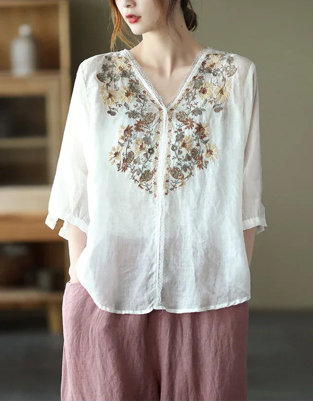 Comfortable Floral Embroidered V-Neck Linen Blouse - Islinen