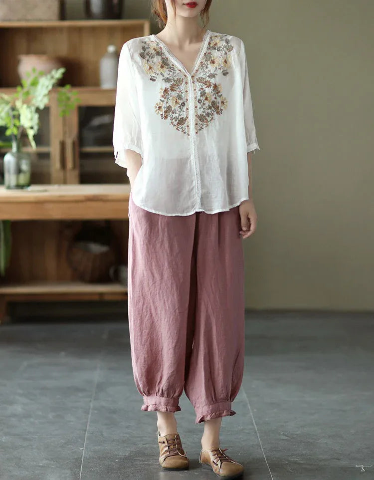 Comfortable Floral Embroidered V-Neck Linen Blouse - Islinen