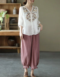 Comfortable Floral Embroidered V-Neck Linen Blouse - Islinen