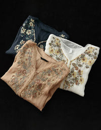 Comfortable Floral Embroidered V-Neck Linen Blouse - Islinen