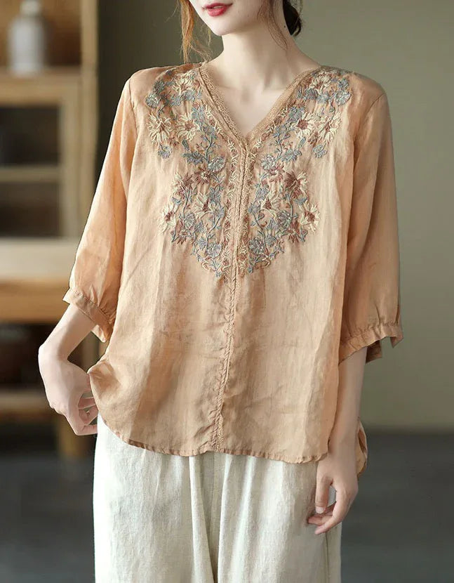 Comfortable Floral Embroidered V-Neck Linen Blouse - Islinen