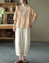 Comfortable Floral Embroidered V-Neck Linen Blouse - Islinen