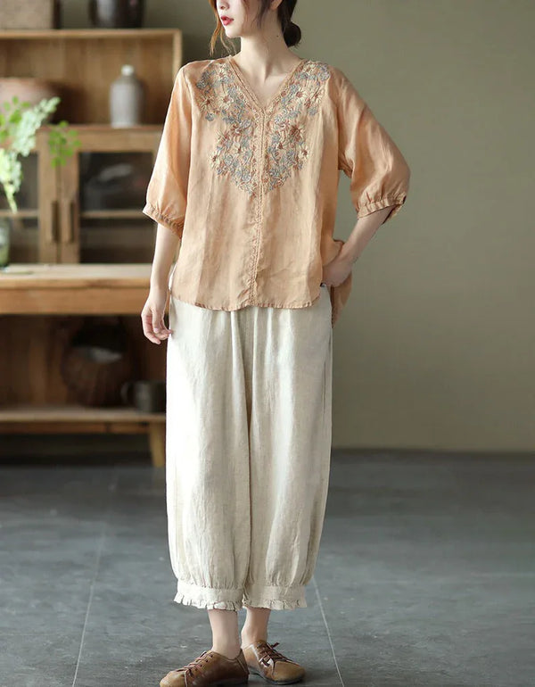 Comfortable Floral Embroidered V-Neck Linen Blouse - Islinen