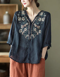 Comfortable Floral Embroidered V-Neck Linen Blouse - Islinen