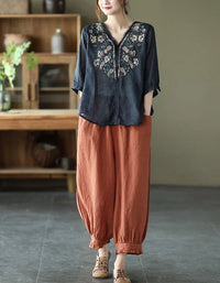 Comfortable Floral Embroidered V-Neck Linen Blouse - Islinen