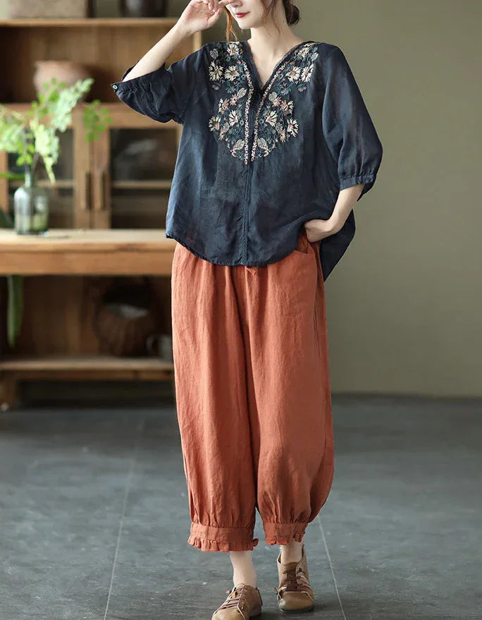 Comfortable Floral Embroidered V-Neck Linen Blouse - Islinen