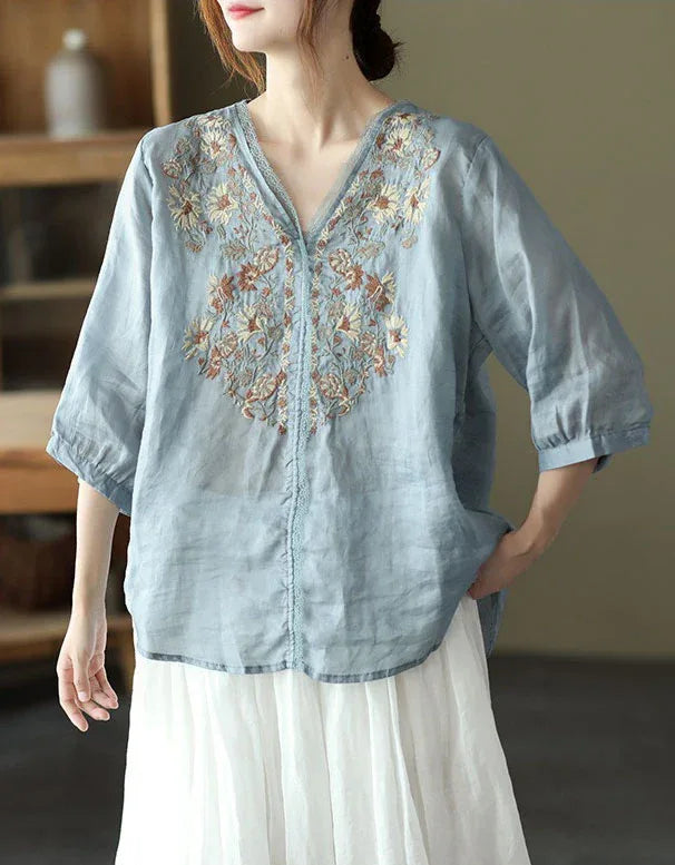 Comfortable Floral Embroidered V-Neck Linen Blouse - Islinen