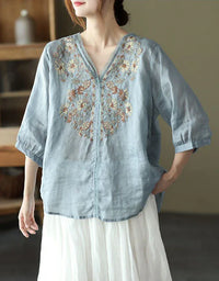 Comfortable Floral Embroidered V-Neck Linen Blouse - Islinen