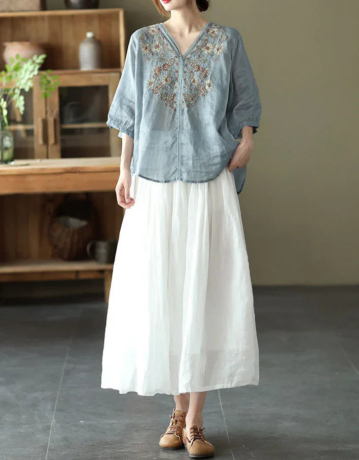 Comfortable Floral Embroidered V-Neck Linen Blouse - Islinen